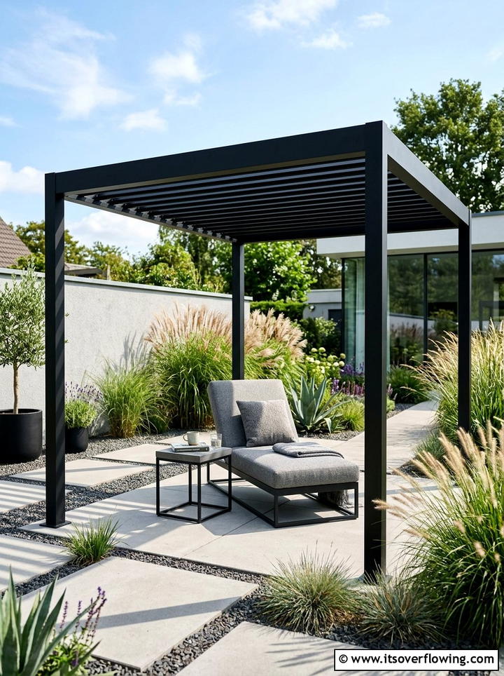 Minimalist Black Pergola - 25 small garden ideas with pergola corner