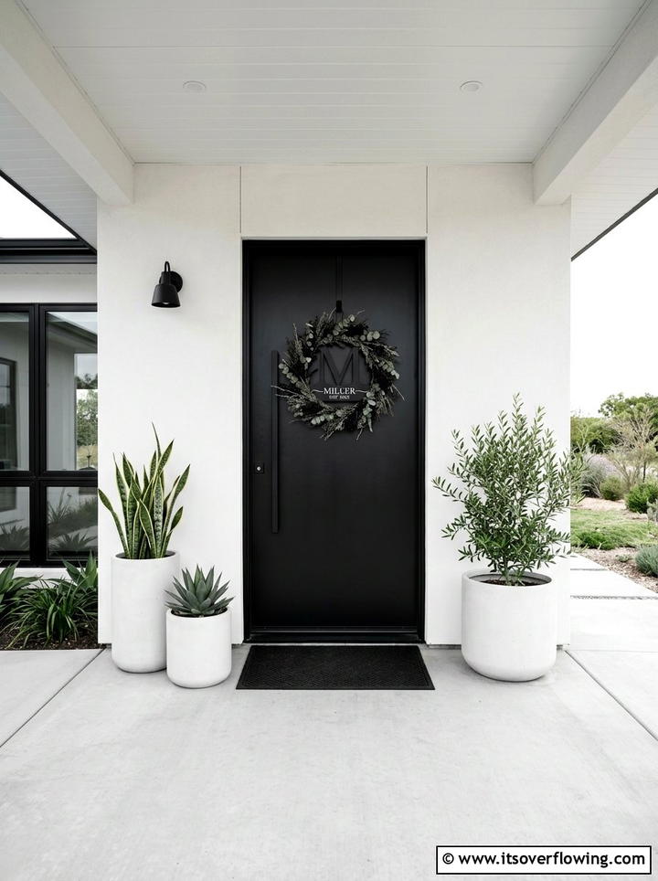 Minimalist Black and White Porch - 25 front porch decor ideas with monogram wreath