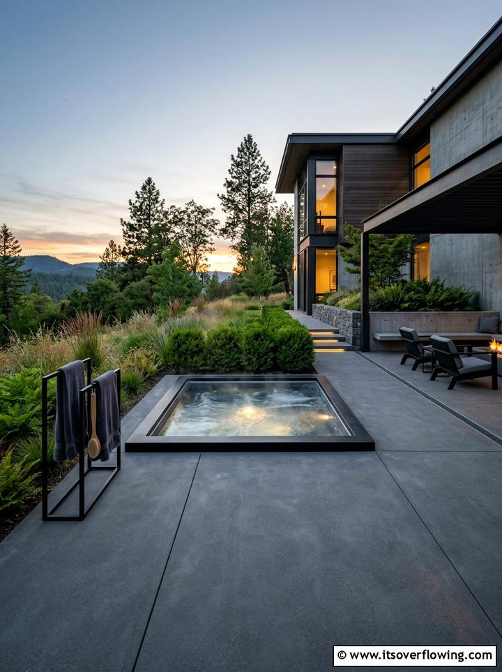 Minimalist Concrete Hot Tub Patio - 25 backyard ideas with hot tub