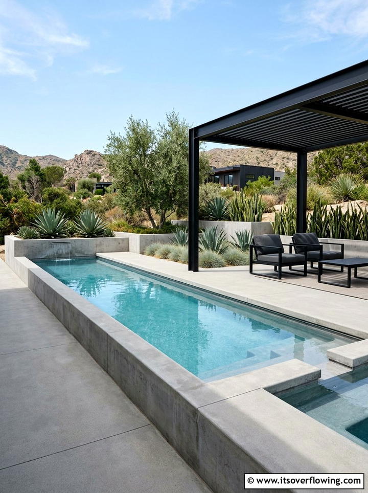 Minimalist Concrete Pool With Metal Pergola - 25 backyard ideas with pool and pergola