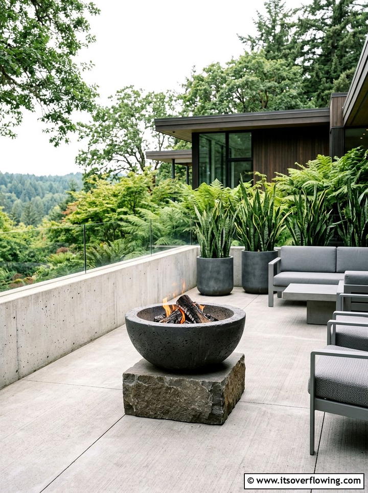 Minimalist Concrete Terrace - 25 backyard decorating ideas with tabletop fire bowls