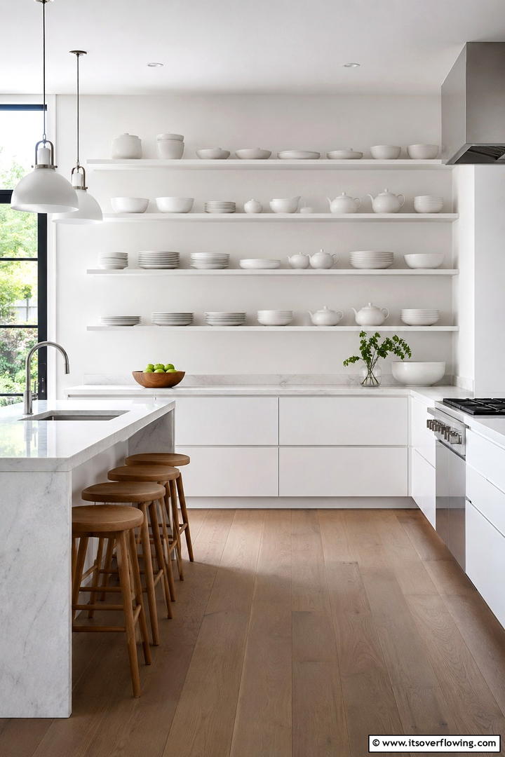 Minimalist Design with Open Shelves - 30 Small White Kitchen Ideas for Bright, Airy Spaces