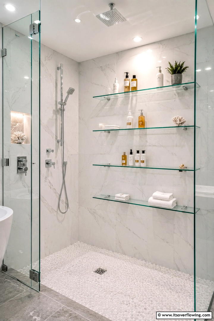 Minimalist Glass Shelves for a Sleek Look - 30 Shower Storage Ideas to Declutter Your Bathroom