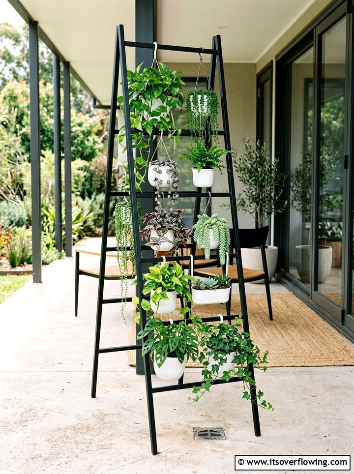 Minimalist Metal Ladder Plant Rack - 25 front porch ideas with repurposed ladders