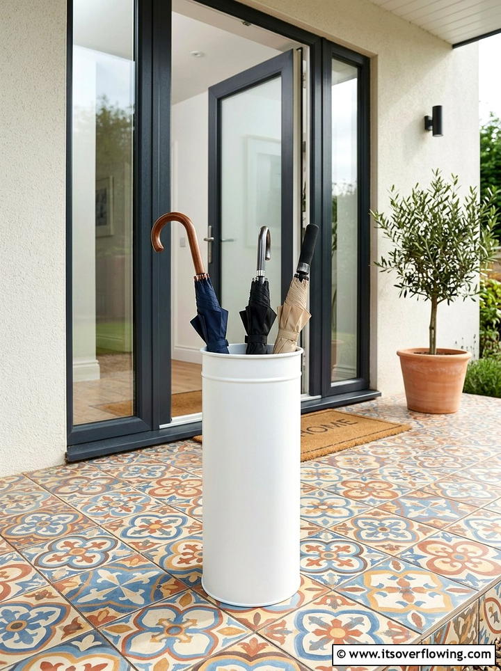 Minimalist Metal Umbrella Bin - 25 front porch ideas with umbrella stand