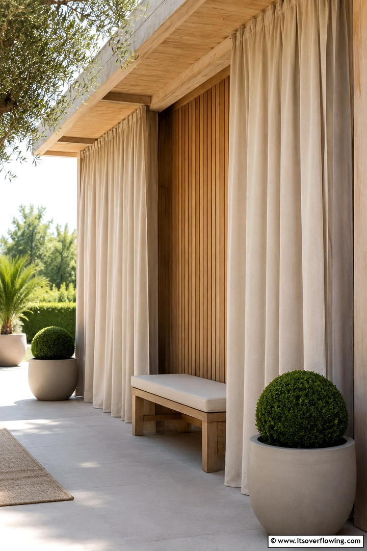 Minimalist Neutral Drapes - 30 Patio Curtain Ideas to Enhance Outdoor Privacy & Style