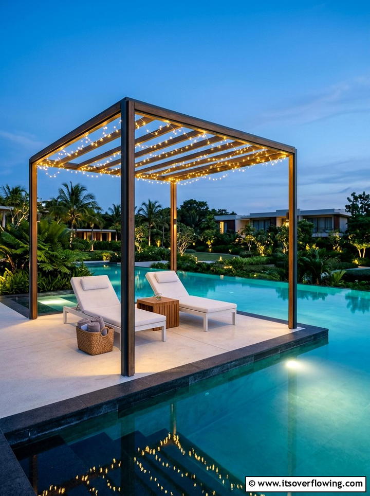 Minimalist Poolside Pergola Lighting - 25 backyard decorating ideas with pergola string lights