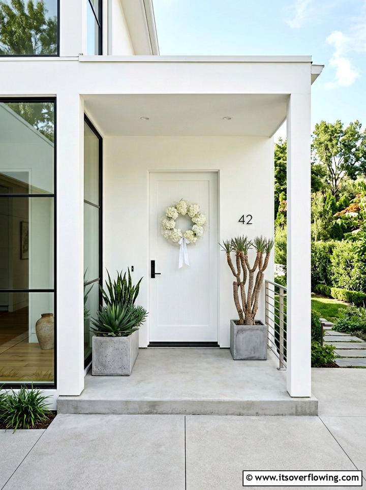 Minimalist White Porch - 25 front porch decor ideas with hydrangea wreath
