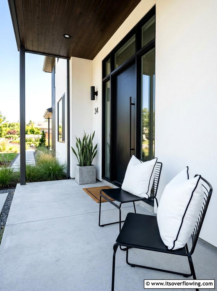 Minimalist black and white porch pillow styling - 25 front porch decor ideas with pillows