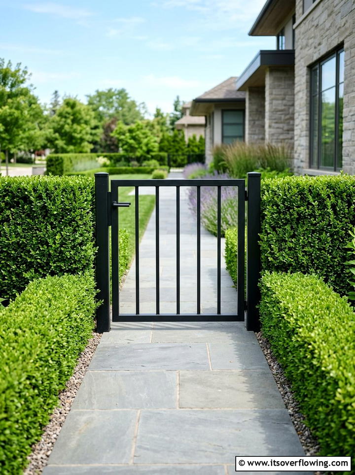 Minimalist black gate with boxwood hedge - 25 garden decor ideas with gate decorations