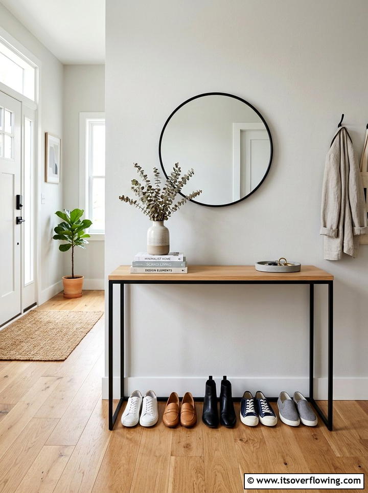 Minimalist entryway console table - 25 front porch ideas with shoe storage