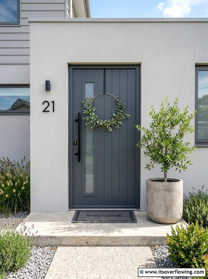 Minimalist front door - 25 front porch decor ideas with floral wreath