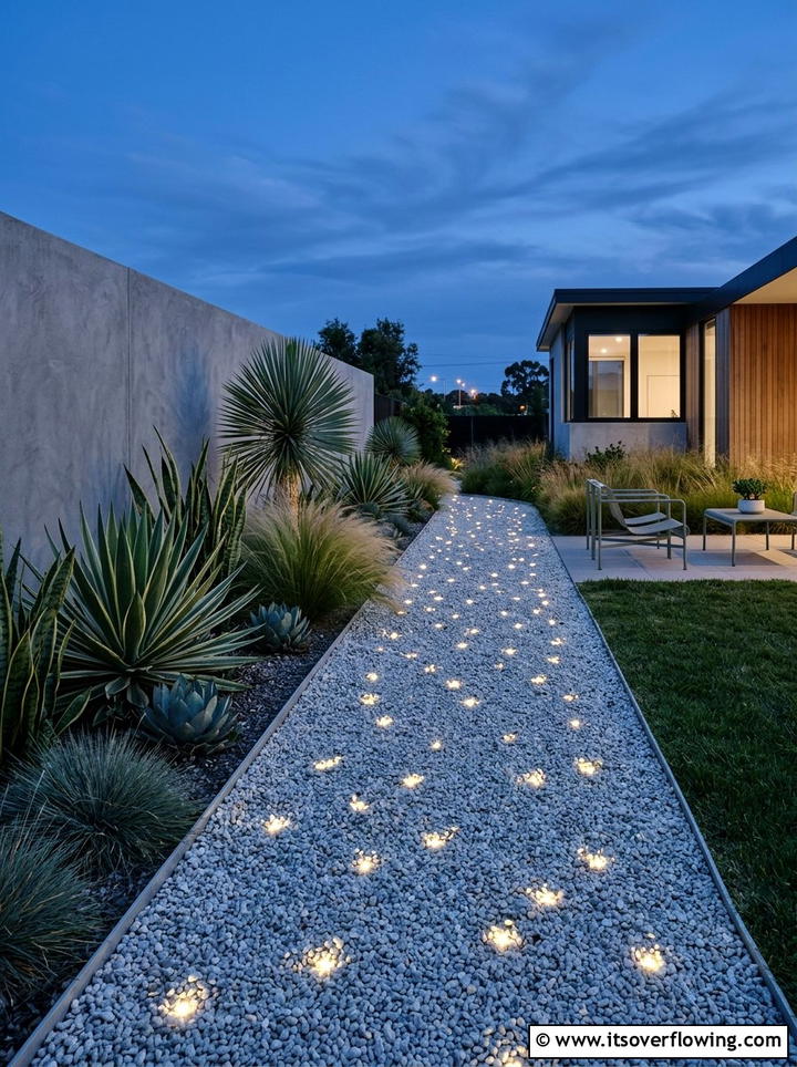 Minimalist garden with gravel path lighting - 25 creative garden ideas with fairy light pathways