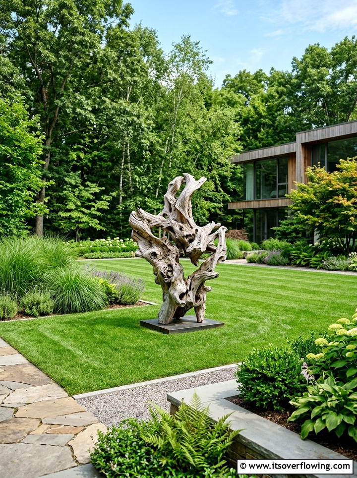 Minimalist garden with wood centerpiece - 25 garden ideas with driftwood sculptures