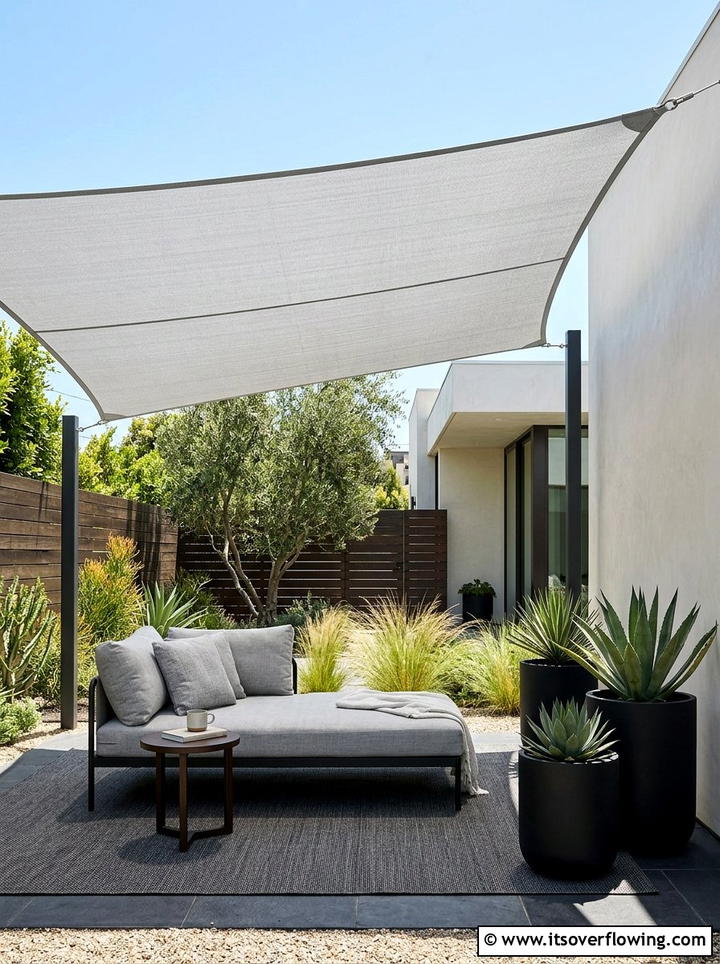Minimalist shade sail garden - 25 garden decor ideas with shade sails