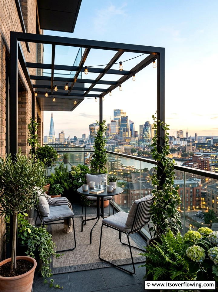 Minimalist steel pergola for urban balcony - 25 garden ideas with pergola