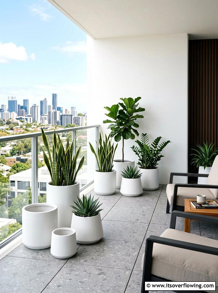 Minimalist white pots - 25 garden decor ideas for balconies