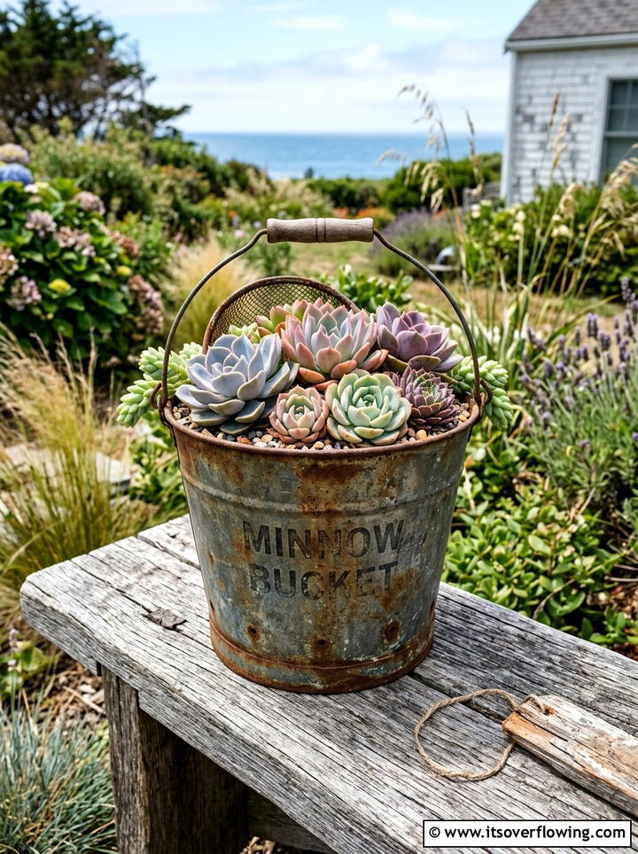 Minnow bucket succulent planter - 25 upcycled garden ideas with old buckets