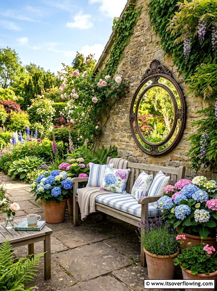 Mirror Above Garden Bench - 25 small garden ideas with mirror tricks