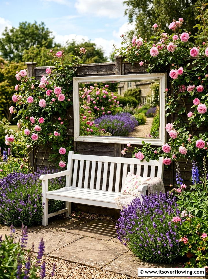 Mirror Behind Bench - 25 backyard decorating ideas with mirror accents