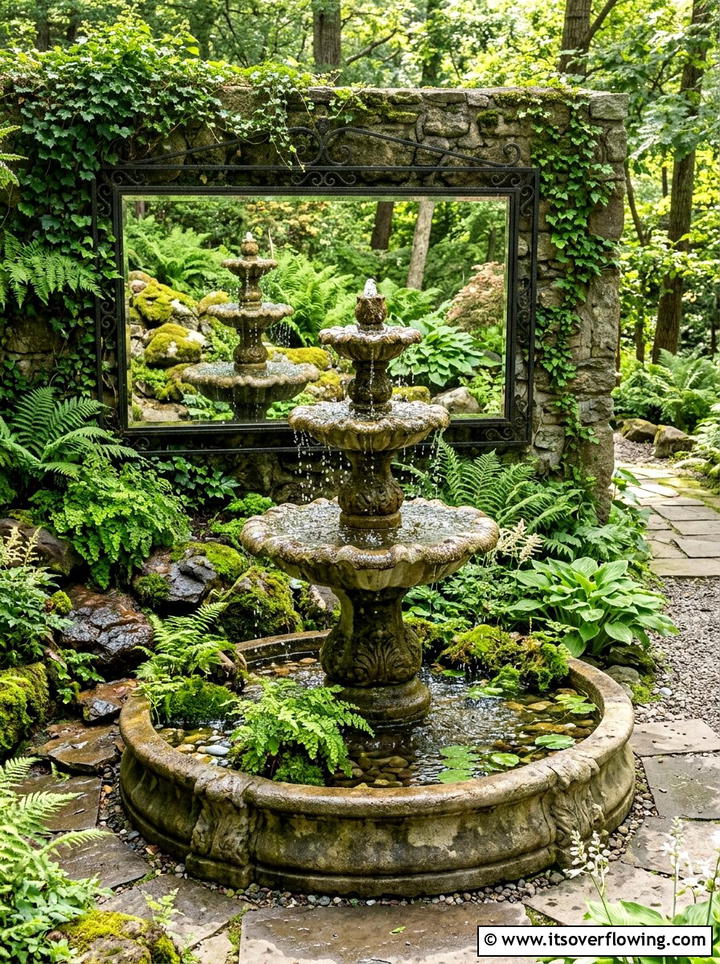 Mirror Behind Fountain - 25 backyard decorating ideas with mirror accents