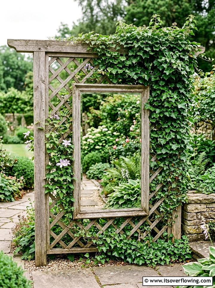 Mirror Behind Trellis - 25 small garden ideas with mirror tricks