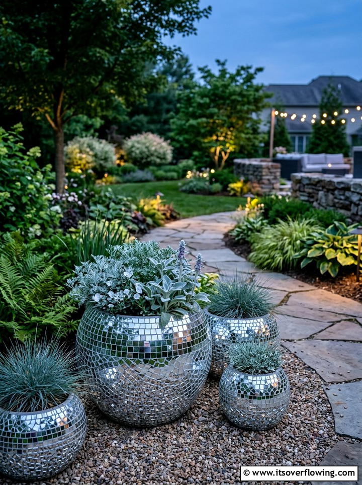 Mirror Mosaic Outdoor Pots - 25 creative garden ideas with mosaic planters