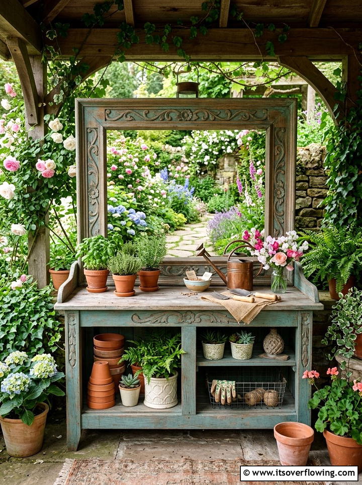 Mirror Potting Bench - 25 upcycled garden ideas with potting benches