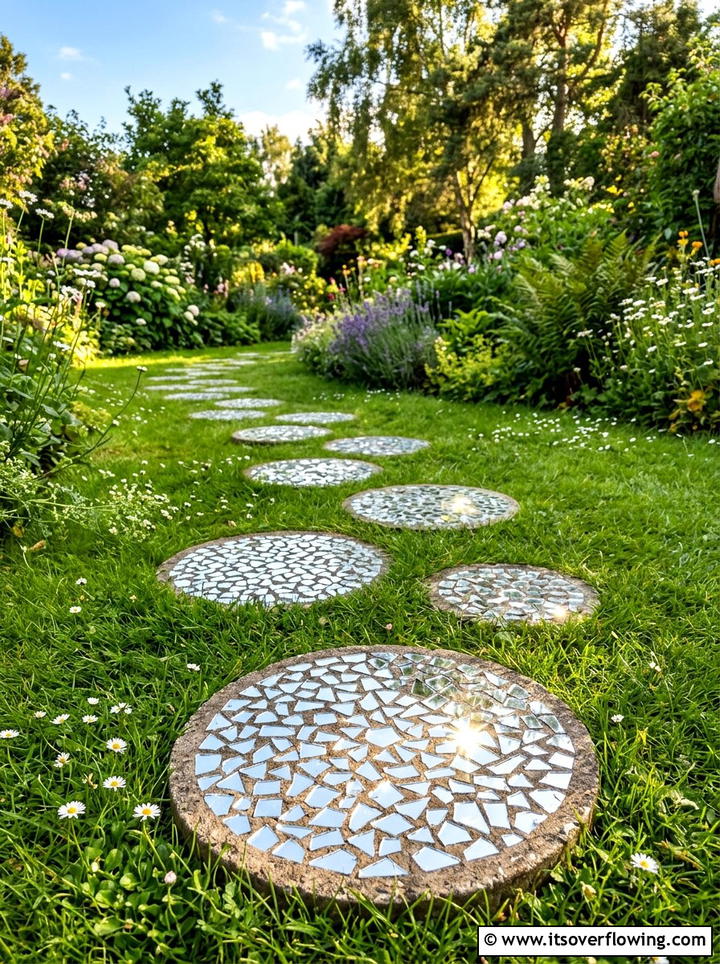 Mirror Stepping Stone - 25 recycled garden ideas with mirror pieces