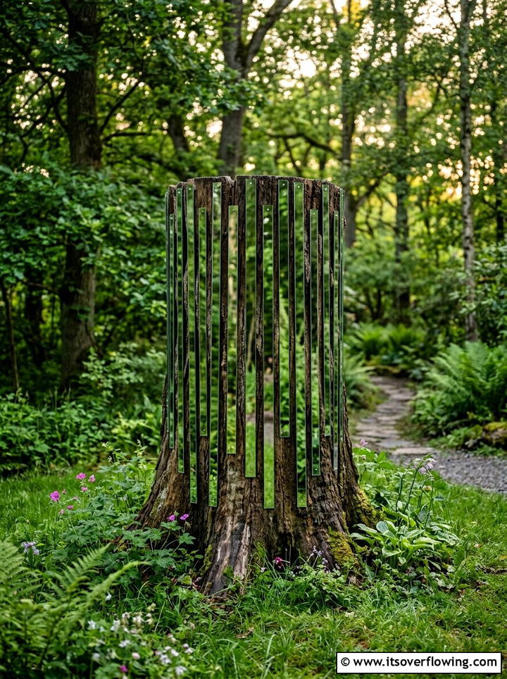 Mirror Tree Trunk Decor - 25 recycled garden ideas with mirror pieces