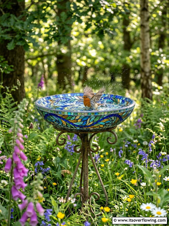 Mirrored Bird Bath - 25 recycled garden ideas with mirror pieces