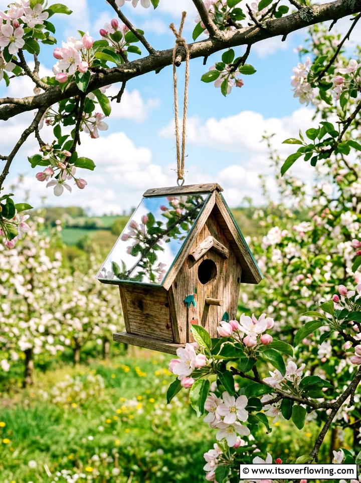 Mirrored Birdhouse - 25 recycled garden ideas with mirror pieces