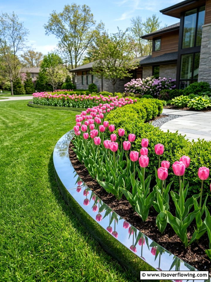 Mirrored Flower Bed Border - 25 recycled garden ideas with mirror pieces