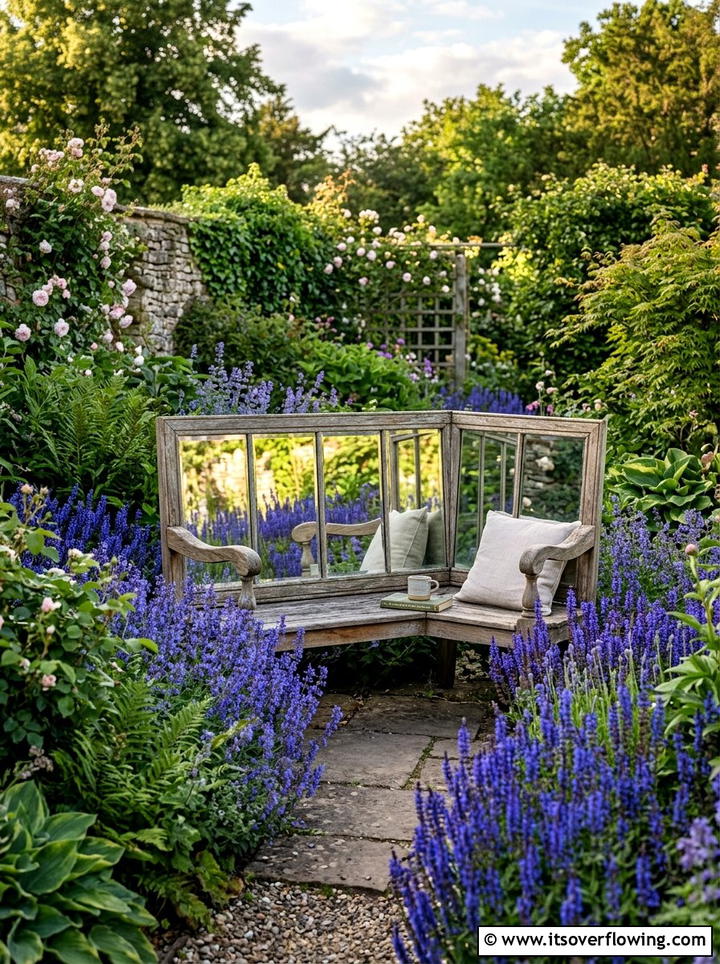 Mirrored Garden Bench - 25 recycled garden ideas with mirror pieces