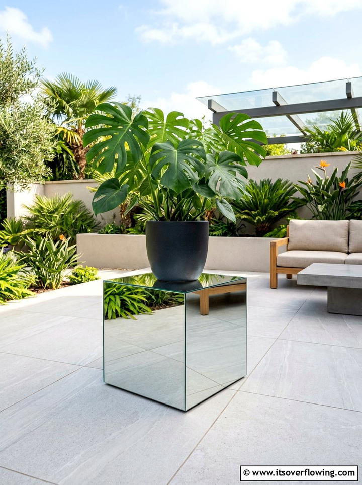 Mirrored Plant Stand - 25 recycled garden ideas with mirror pieces