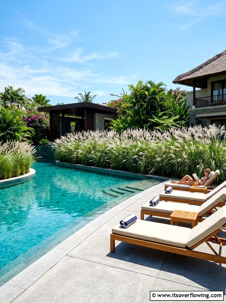 Miscanthus grass pool landscape - 25 backyard ideas with ornamental grasses