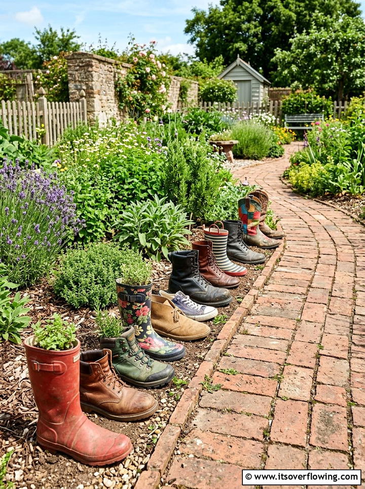 Mismatched Boot Path Border - 25 upcycled garden ideas with old boots