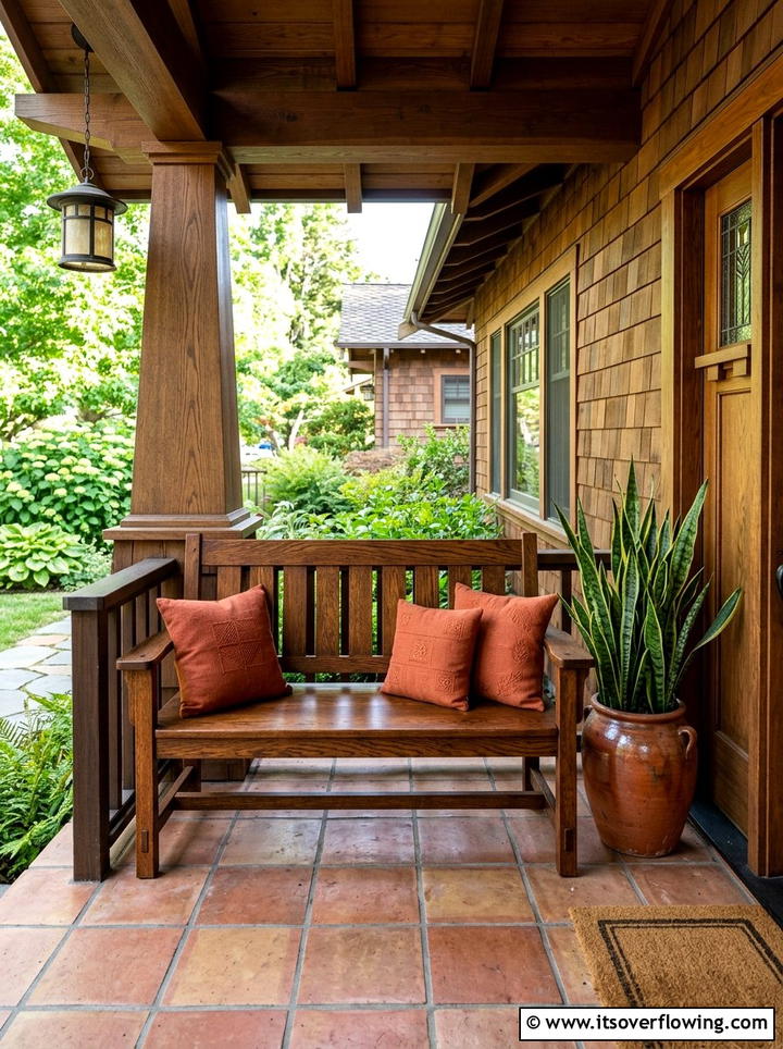 Mission Style Oak Bench - 25 front porch decor ideas with antique benches