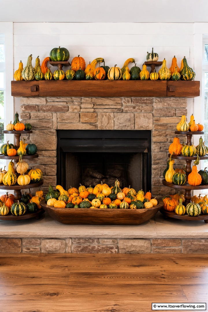 Mixed Gourd Collection - 50 Fall Fireplace Decor Ideas to Warm Autumn Gatherings