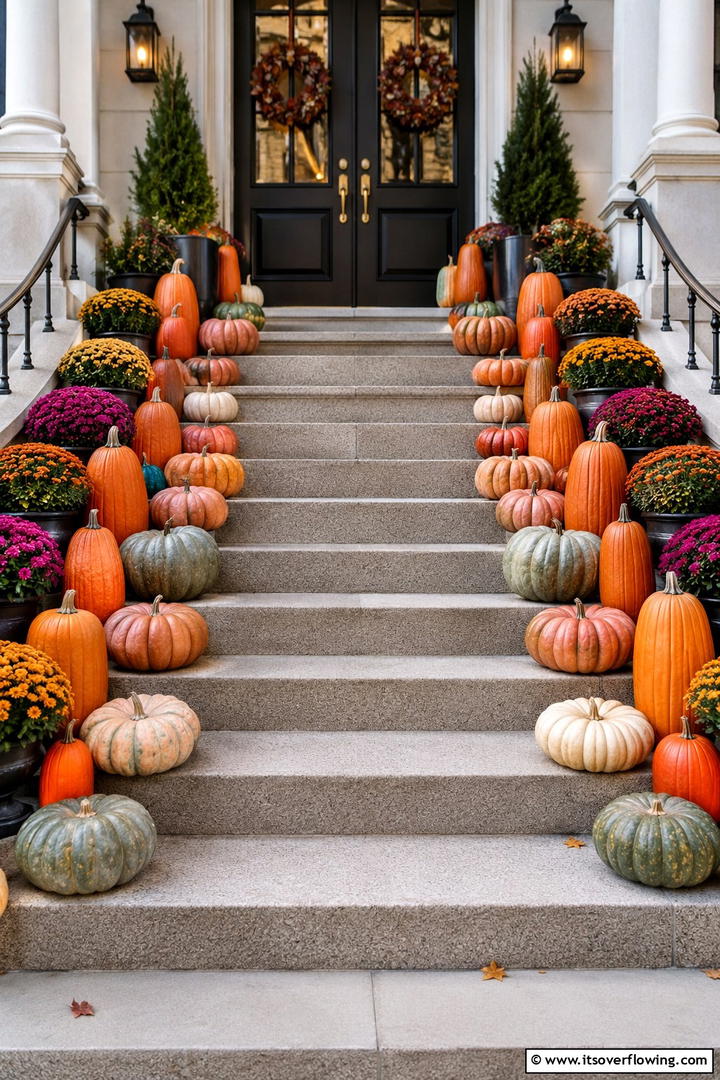 Mixed Height Pumpkin Steps - 50 Fall Front Door Decor Ideas Roundup- Curb Appeal