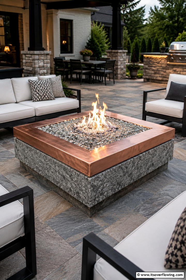 Mixed Material Fusion Square Fire Pit - 30 Square Fire Pit Ideas for Modern Outdoor Gathering Spaces