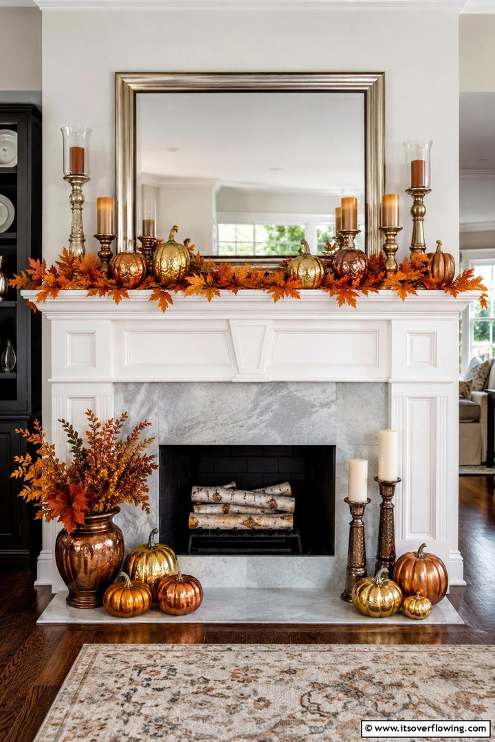 Mixed Metallics Fall Theme - 50 Fall Fireplace Decor Ideas to Warm Autumn Gatherings