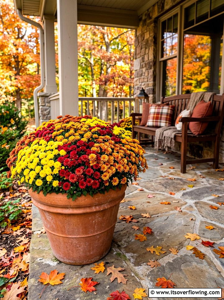 Mixed color mum container - 25 front porch ideas with mums