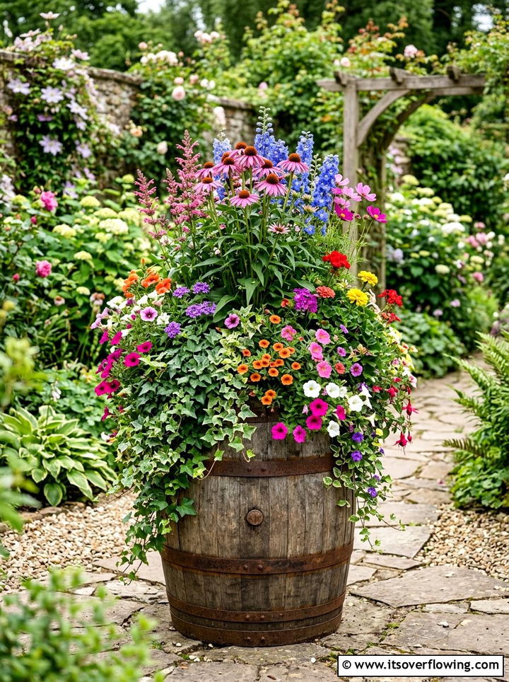 Mixed floral barrel arrangement - 25 front porch ideas with barrel planters