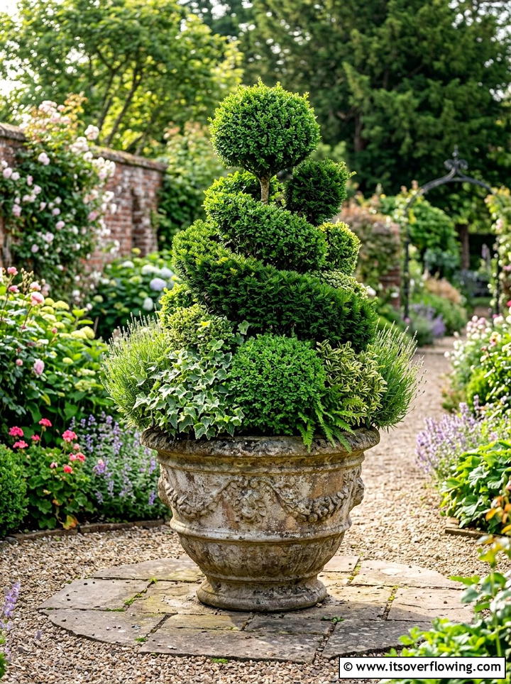 Mixed greenery topiary arrangement - 25 front porch ideas with topiaries