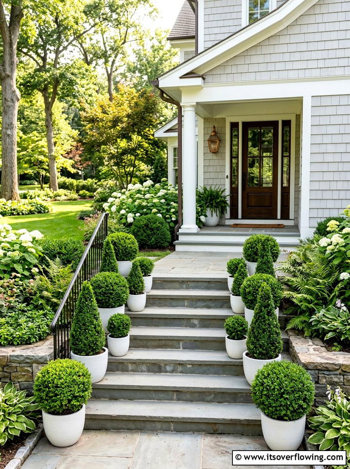 Mixed height topiary arrangement front steps - 25 front porch decor ideas with topiaries