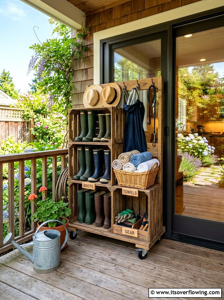 Mobile crate mudroom station - 25 garden ideas with old crates