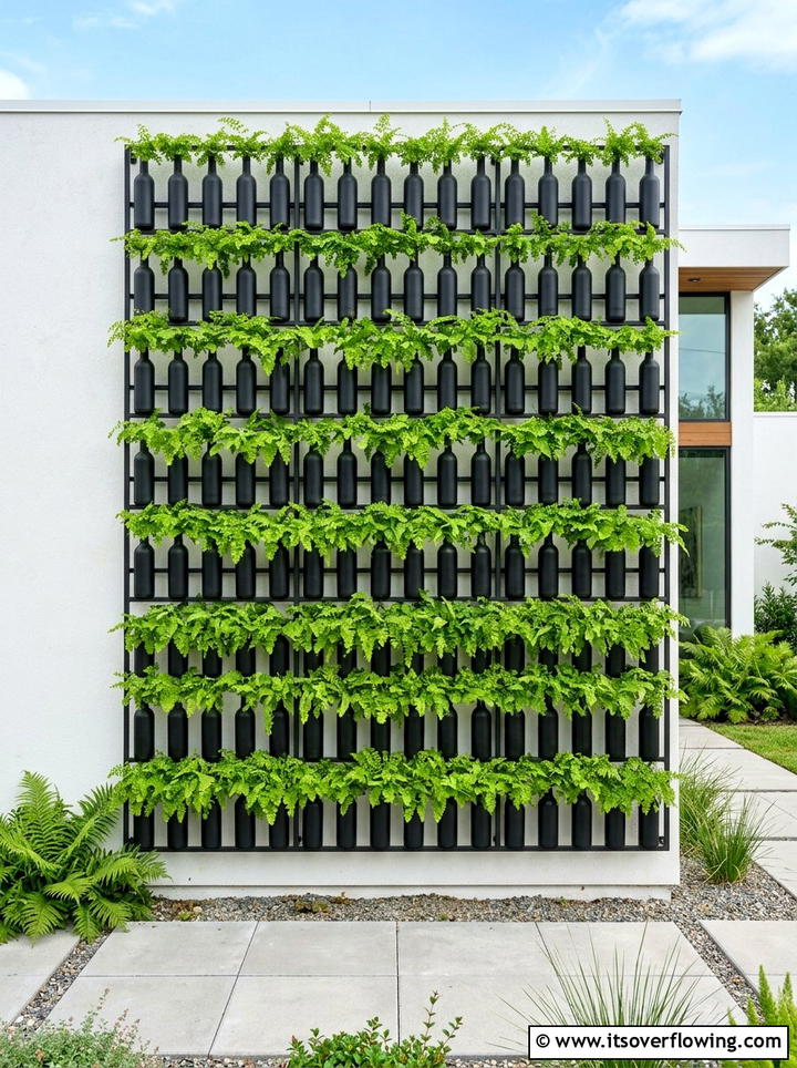 Modern Black Bottle Garden - 25 recycled garden ideas with hanging bottle planters
