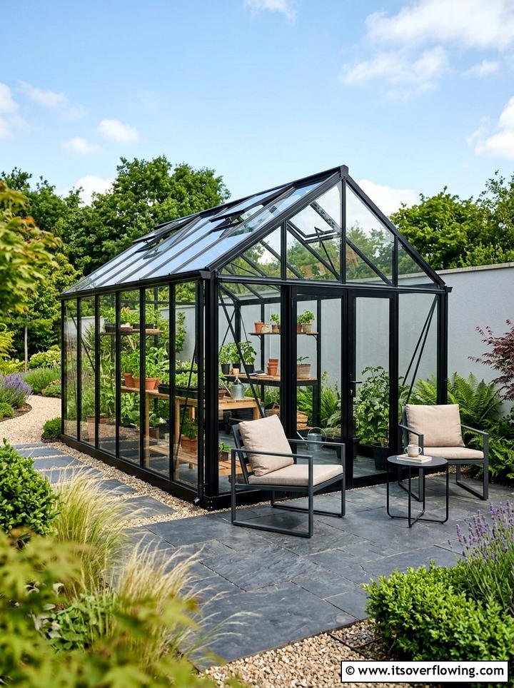 Modern Black Frame Greenhouse - 25 backyard ideas with greenhouse