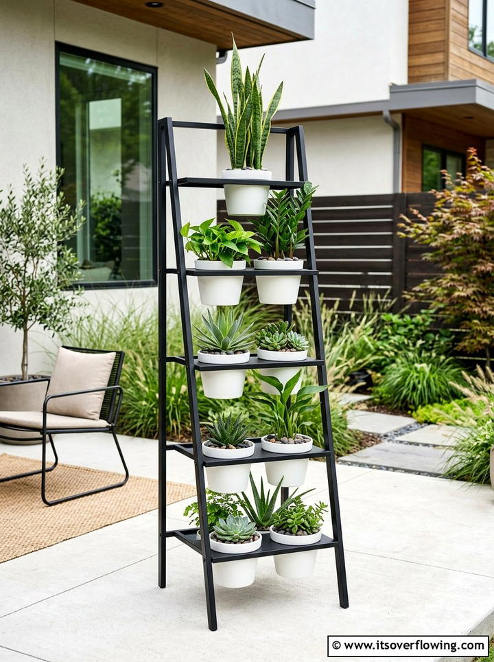 Modern Black Ladder Planter - 25 backyard ideas with old ladder planter